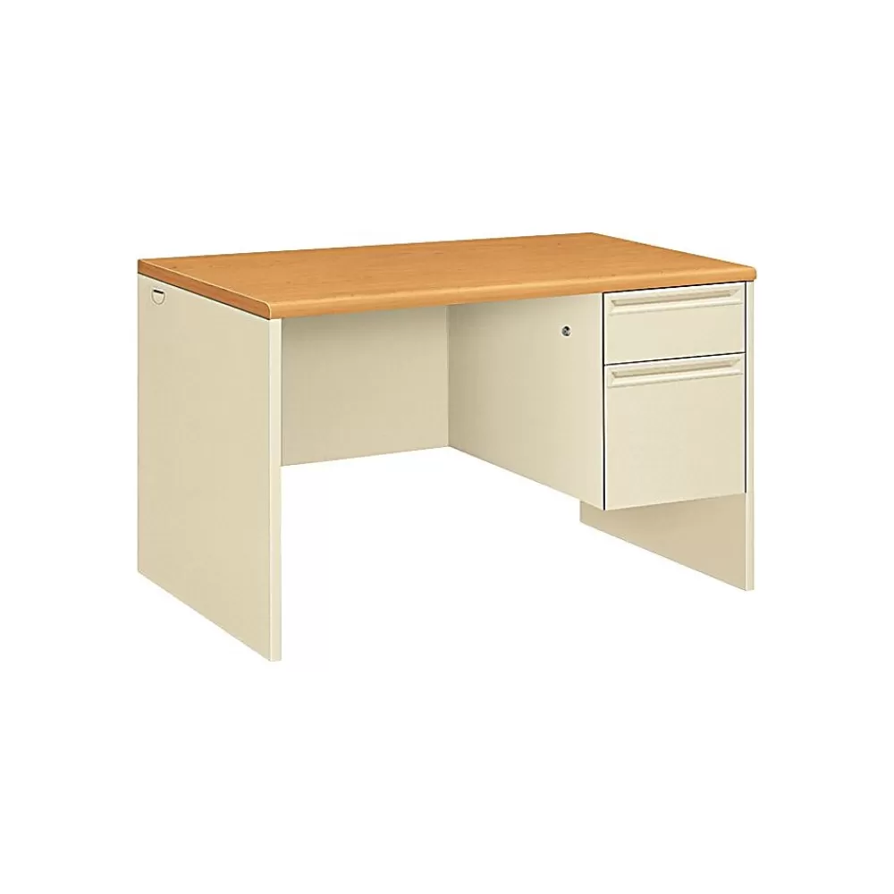 HON 38000 Series 48"W Single Pedestal Desk, Harvest Oak/Putty (H38251CL) Store