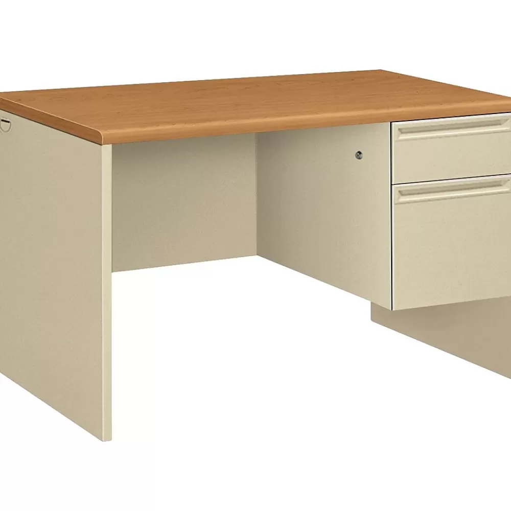 HON 38000 Series 48"W Single Pedestal Desk, Harvest Oak/Putty (H38251CL) Store