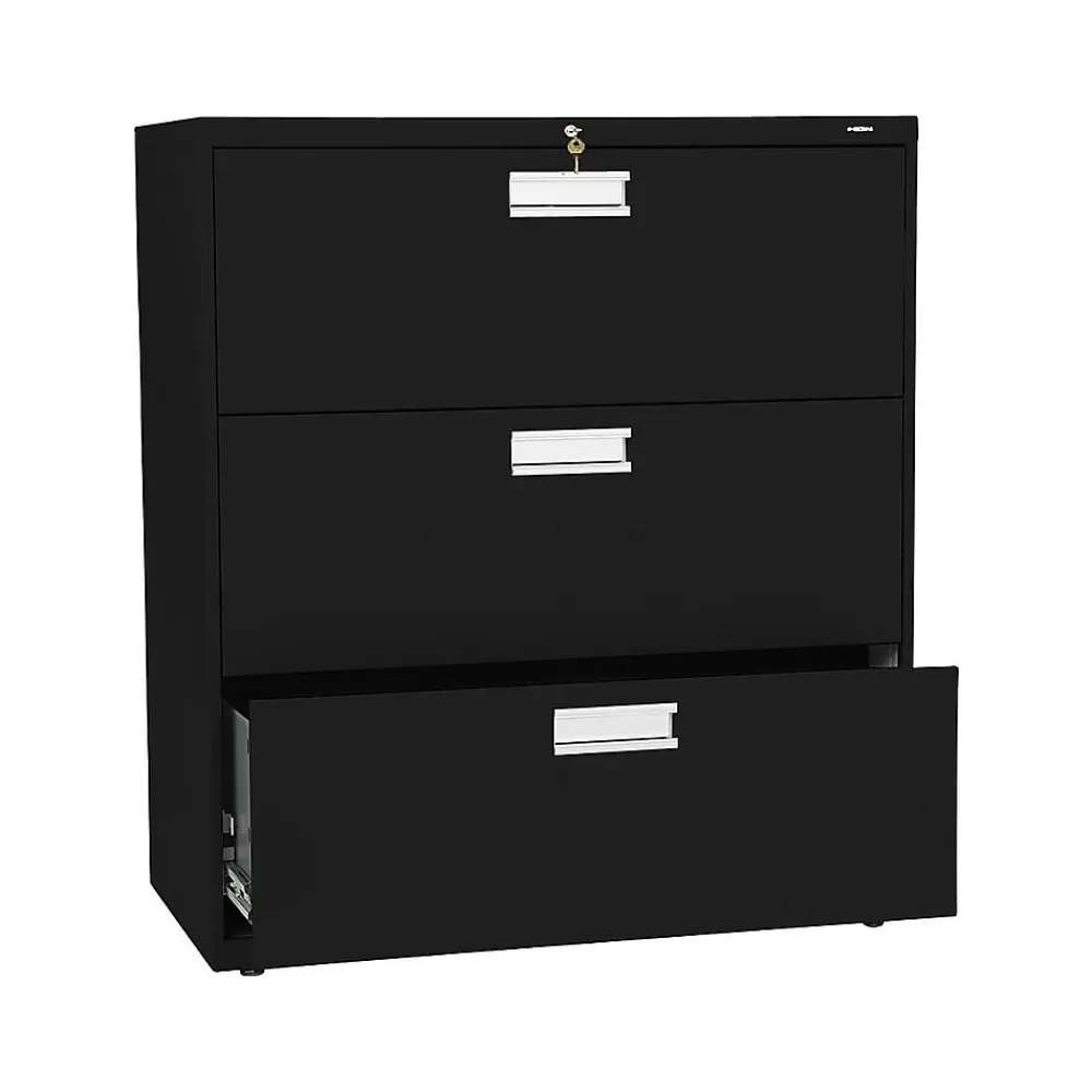 HON Brigade 600 Series 3-Drawer Lateral File Cabinet, Locking, Letter/Legal, , 36"W (H683.L.P) Black Cheap