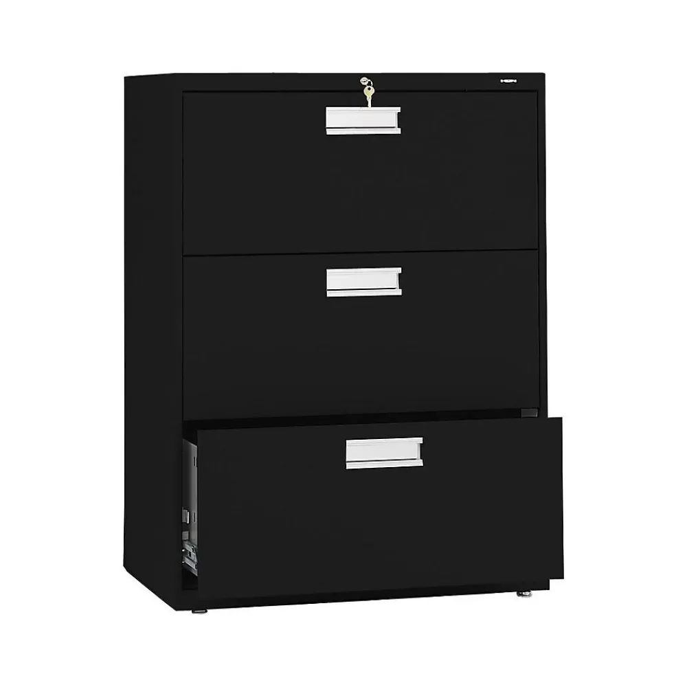 HON Brigade 600 Series 3-Drawer Lateral File Cabinet, Locking, Letter/Legal, Black, 30"W (H673.L.P) New