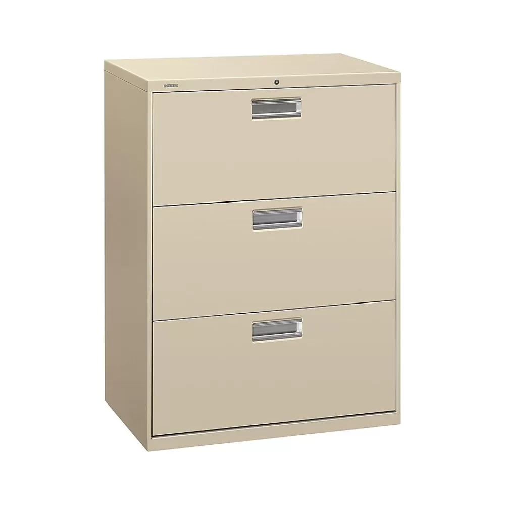 HON Brigade 600 Series 3-Drawer Lateral File Cabinet, Locking, Letter/Legal, Putty/Beige, 30"W (H673.L.L) New