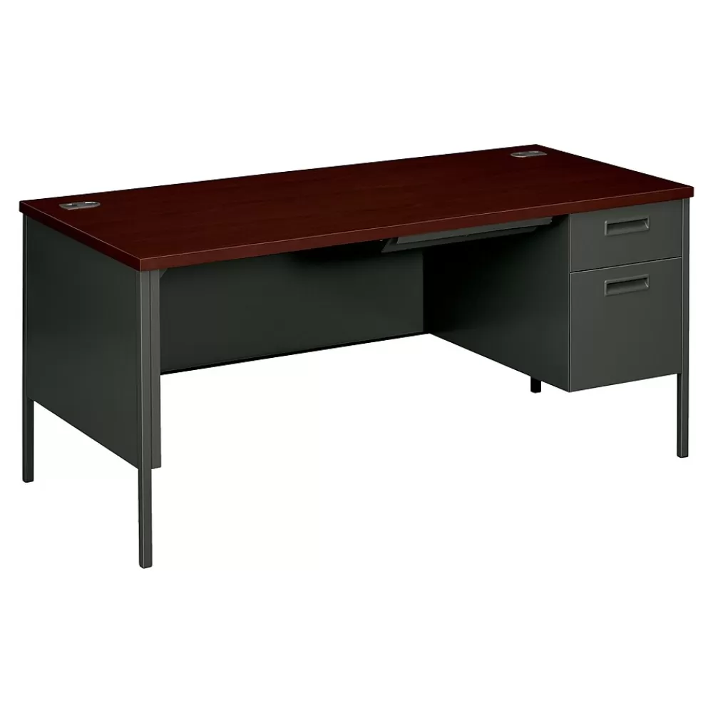 HON Metro Classic 66" Single Pedestal Desk, Mahogany/Charcoal (P3265RNS) Clearance