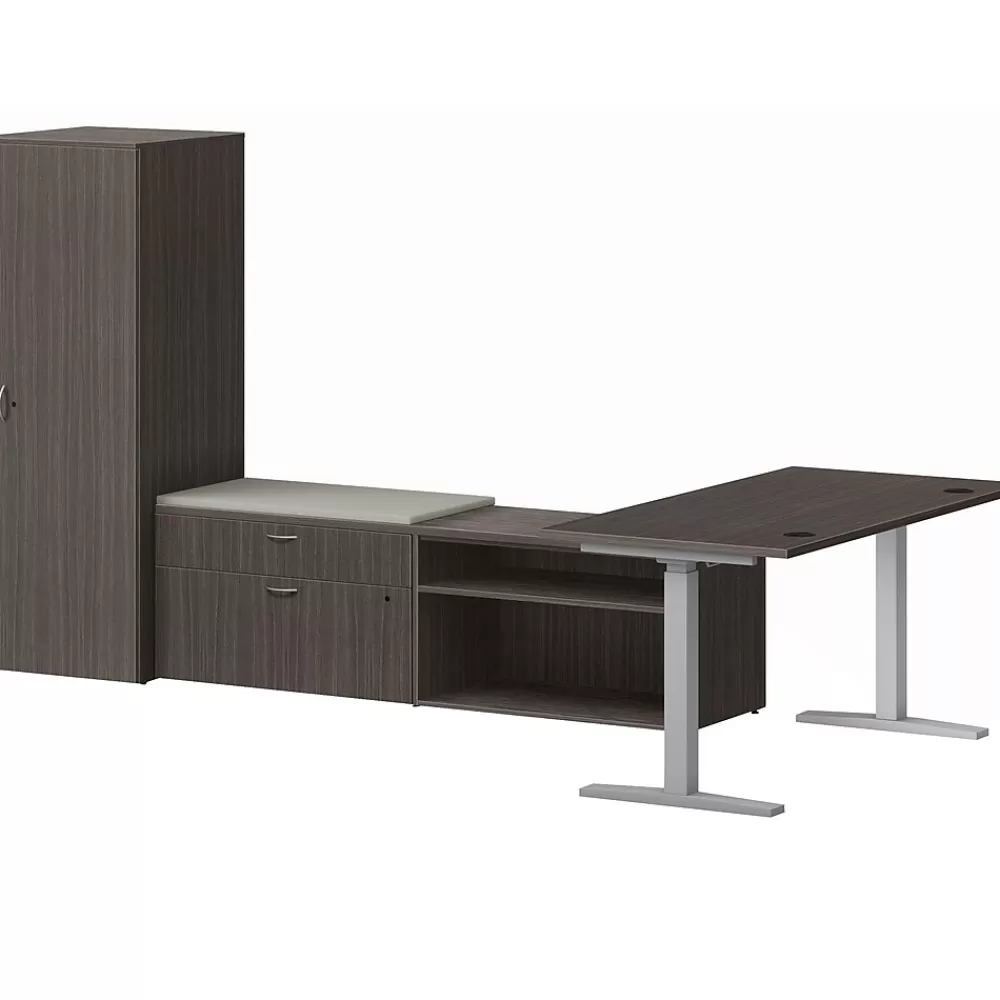 HON Mod 60" Computer Desk with Wardrobe and 2 Credenzas, Slate Teak (HLPL60114HATDSKWDSL1) Hot