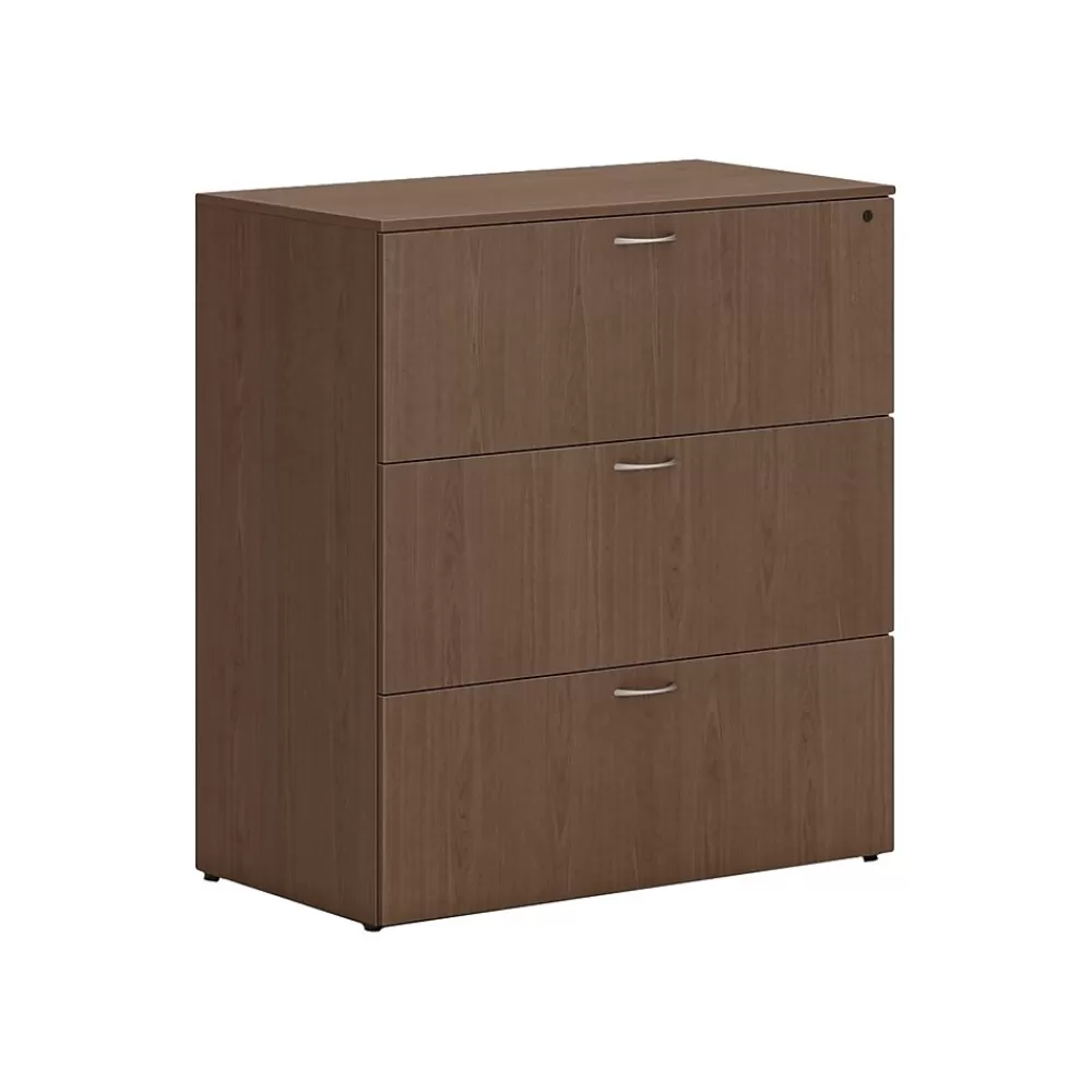 HON Mod 3-Drawer Lateral File Cabinet, Locking, Letter/Legal, Sepia Walnut, 36" (HLPLLF3620L3.LSE1) New