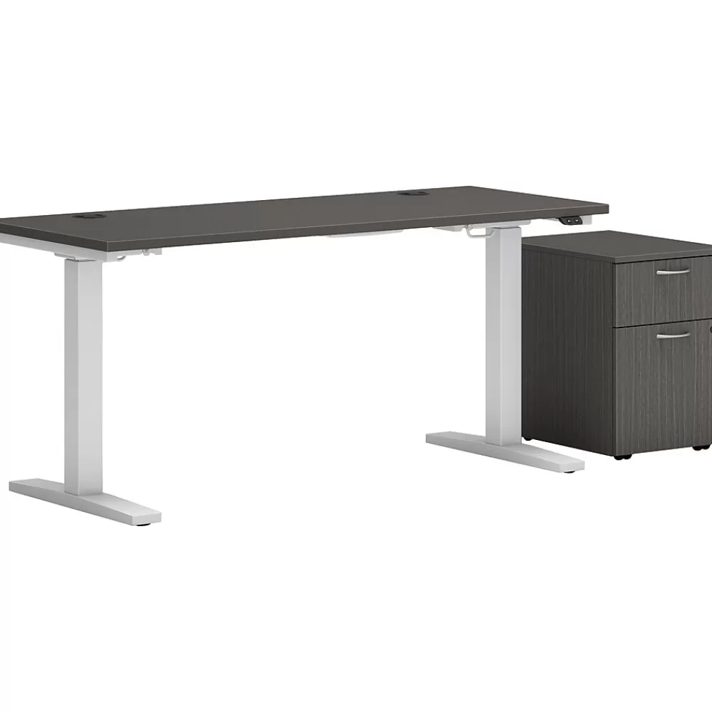 HON Mod 48"W Adjustable Standing Desk with Mobile Storage, Slate Teak (HLPLRW4824CHATBFSL1) Clearance