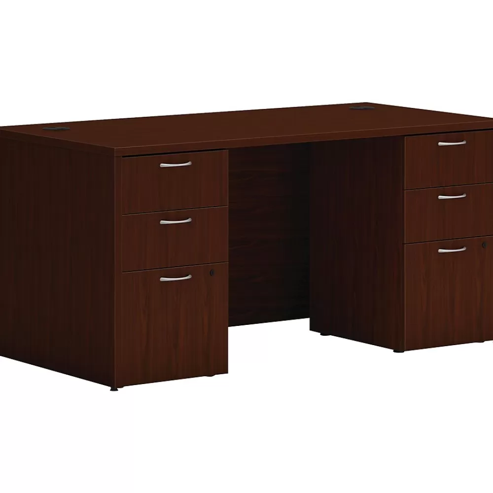 HON Mod 60"W Double-Pedestal Desk, (HLPLDS6030BBFTM1) Traditional Mahogany Best