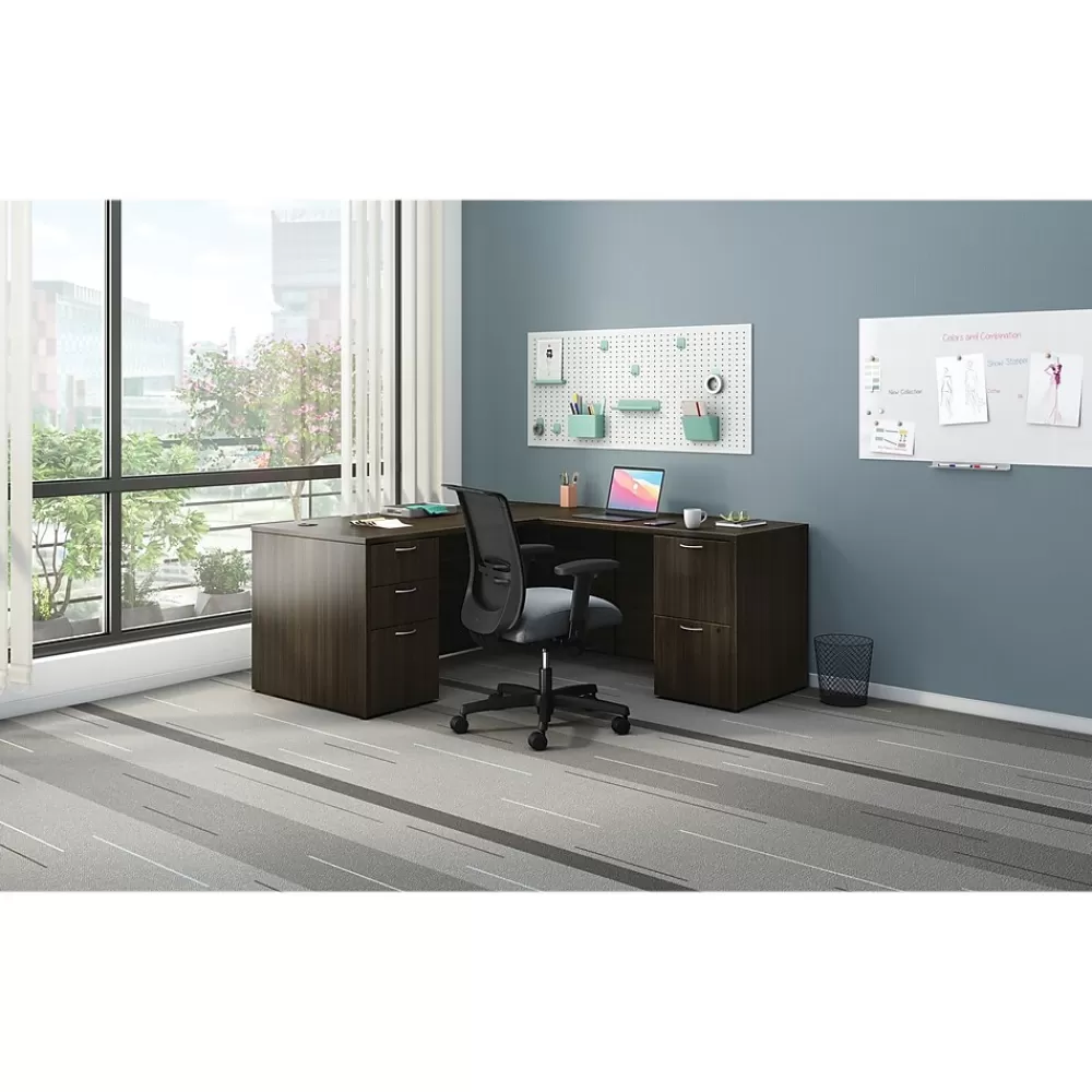 HON Mod 66"W L-Shaped Double-Pedestal Desk, (HLPL6672LDESKJA1) Java Oak Shop