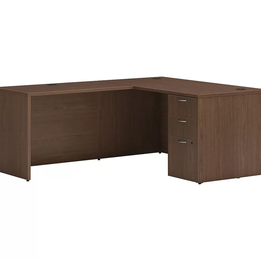 HON Mod 60"W L-Shaped Single-Pedestal Desk, (HLPL6072LDESK1BBFSE1) Sepia Walnut Outlet