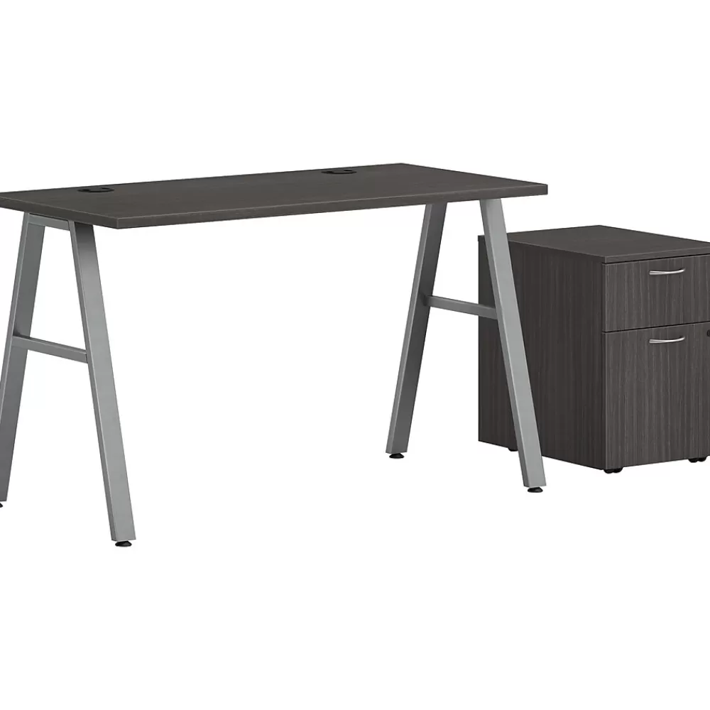 HON Mod 48"W Table Desk with Mobile Storage, Slate Teak (HLPL4824BFTM1ALEGSLV) Best Sale