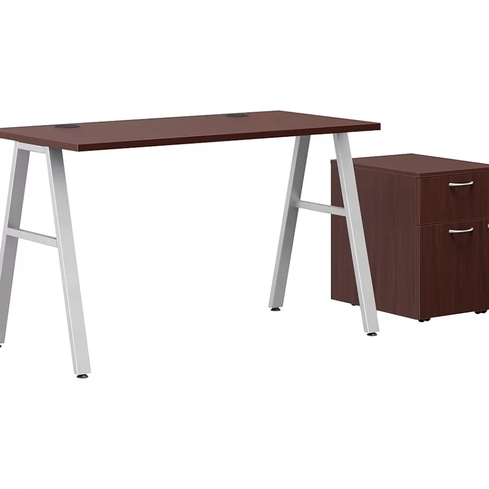 HON Mod 48"W Table Desk with Mobile Storage, Traditional Mahogany (HLPL4824BFTM1ALEGSLV) Shop
