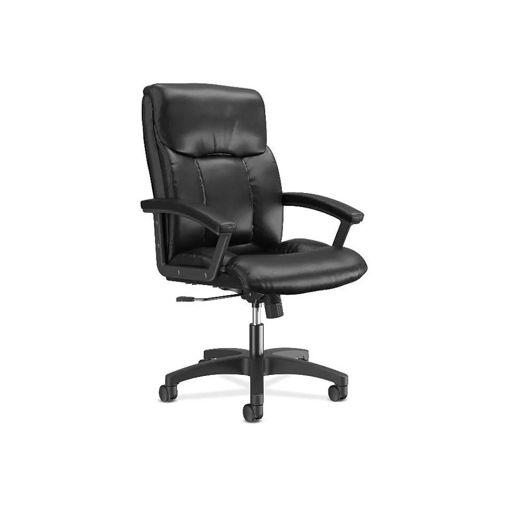 HON SofThread Leather High-Back Executive Chair, Center-Tilt, Fixed Arms, Black (BSXVL151SB11) Clearance