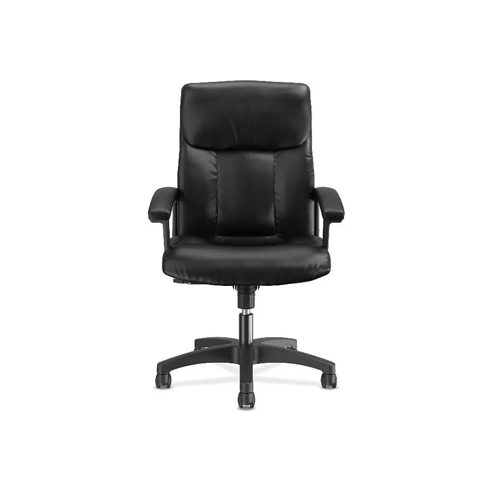 HON SofThread Leather High-Back Executive Chair, Center-Tilt, Fixed Arms, Black (BSXVL151SB11) Clearance