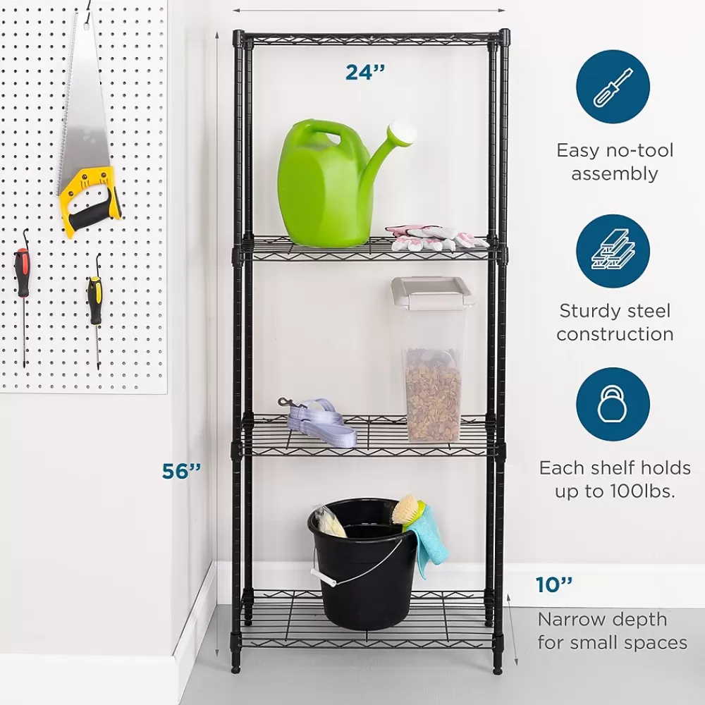 Honey-Can-Do 4-Tier Slim Profile Shelving Unit, 56" x 24" x 10", Black (SHF-10002) New