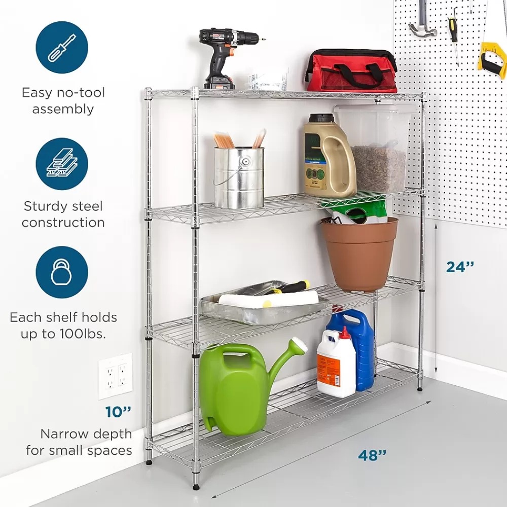Honey-Can-Do 4-Tier Slim Profile Wide Shelving Unit, 48" x 10" x 48", Chrome (SHF-10023) Shop