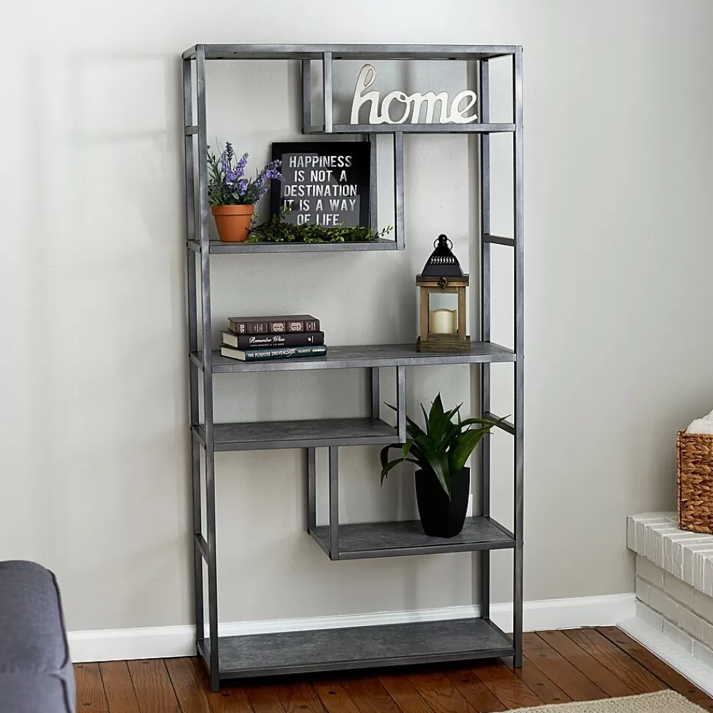 Household Essentials 65"H 6-Shelf Bookcase, (8090-1) Slate Faux Concrete Store