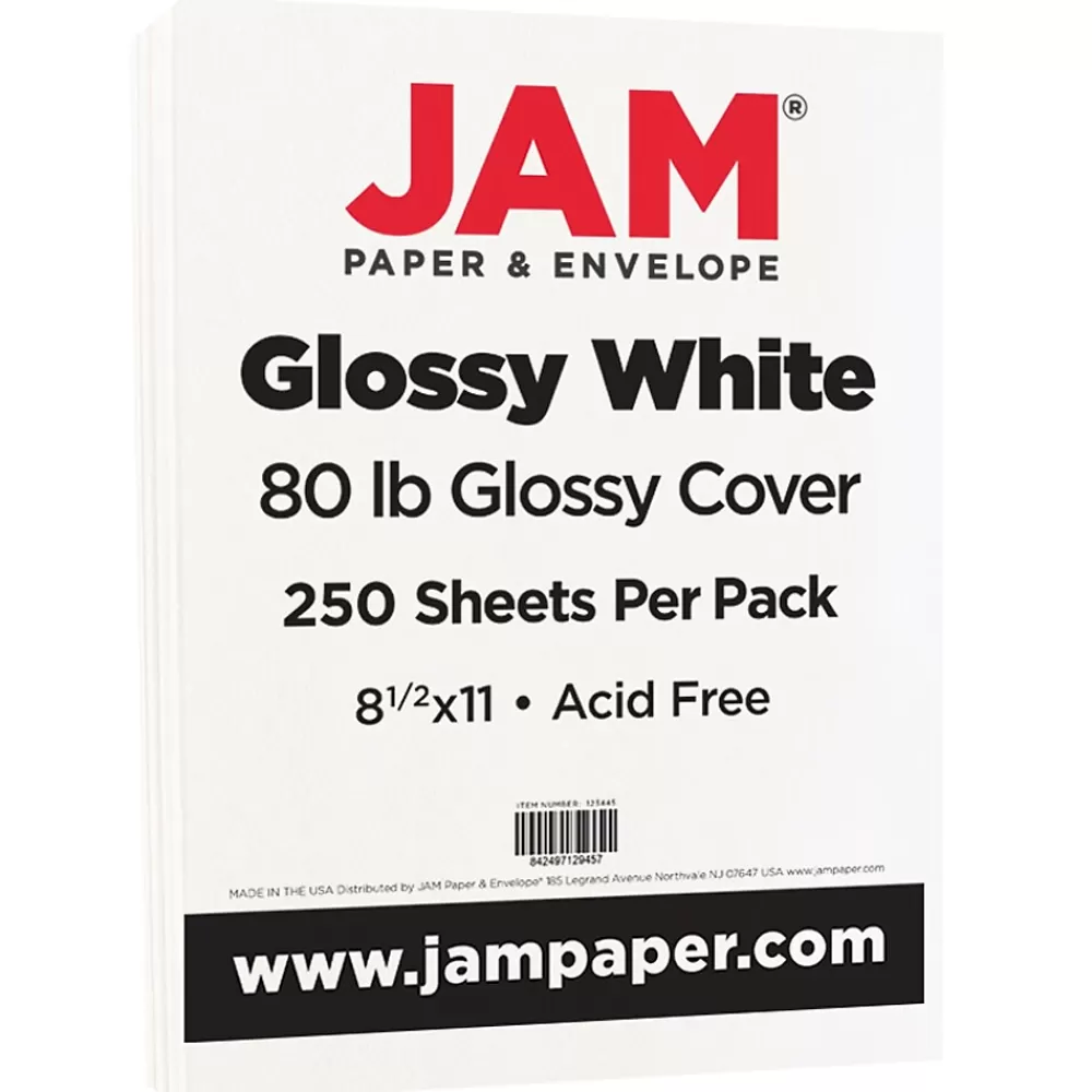 JAM Paper 80 lb. Cardstock Paper, 8.5" x 11", White Glossy, 250 Sheets/Pack (1034702) Cheap