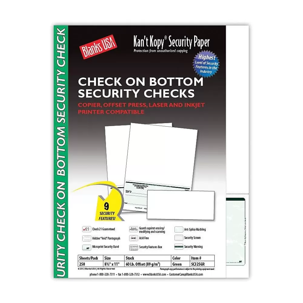 Kan't Kopy ® Blank/USA® 8 1/2" x 11" 60 lbs. Security Check on Bottom Paper, Void Green, 250/Pack Best Sale