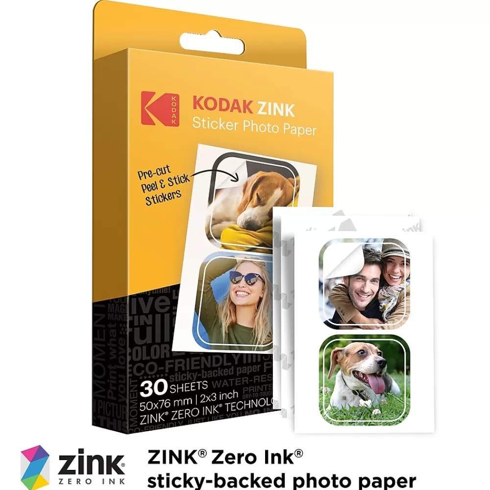 Kodak Zink Premium Pre-Cut Sticker Photo Paper, 2" x 3", 30 Sheets/Pack (RODZ2X330C) Best