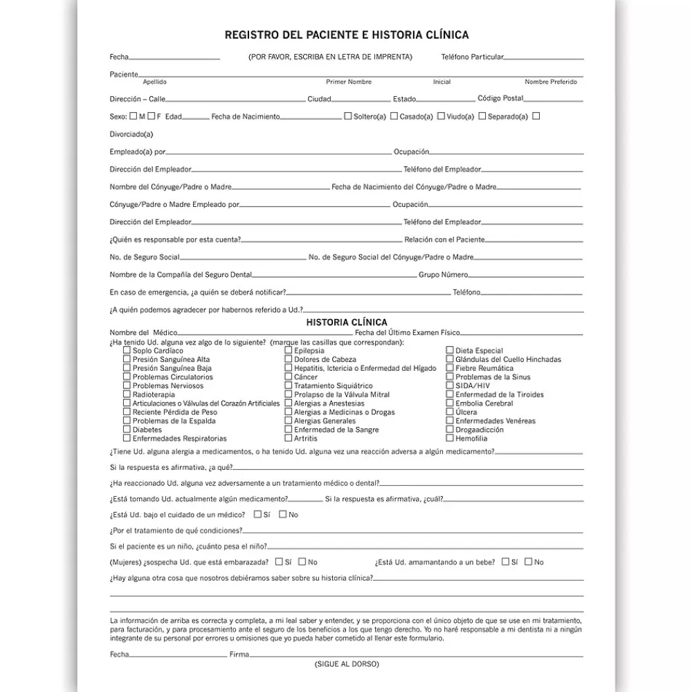 Medical Arts Press ® Dental Registration and Medical History Form, Spanish Outlet