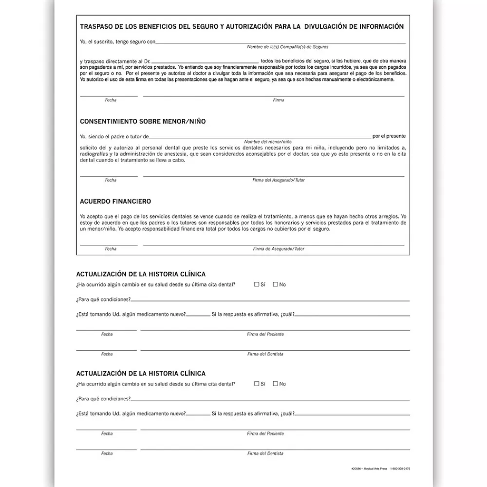 Medical Arts Press ® Dental Registration and Medical History Form, Spanish Outlet