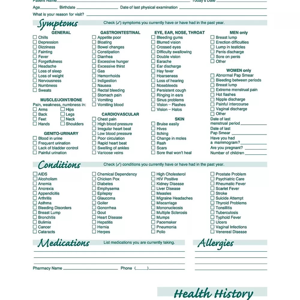 Medical Arts Press ® Health History Patient Care Form, Green FormFamily™ Outlet