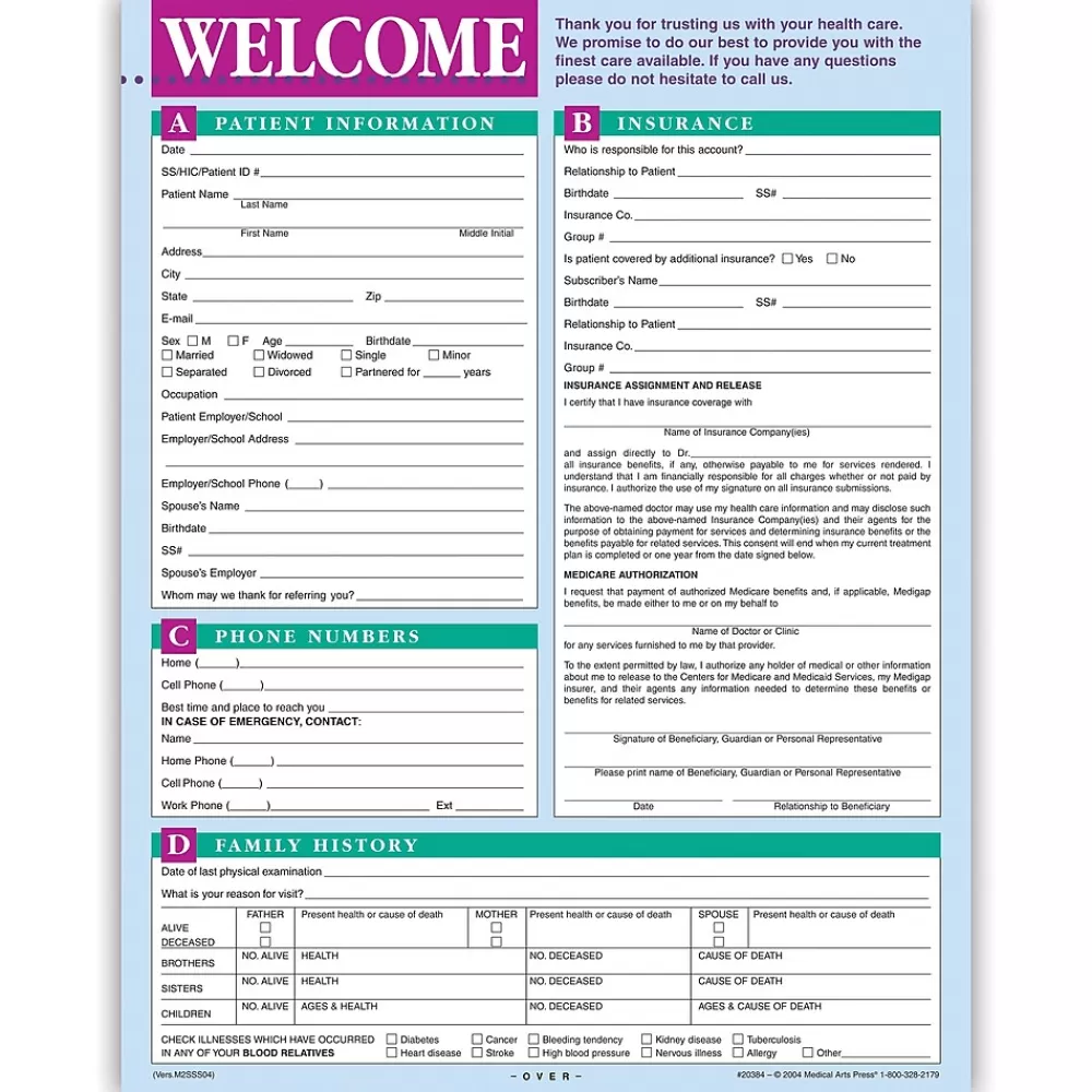 Medical Arts Press ® Welcome Registration and History Form Sale