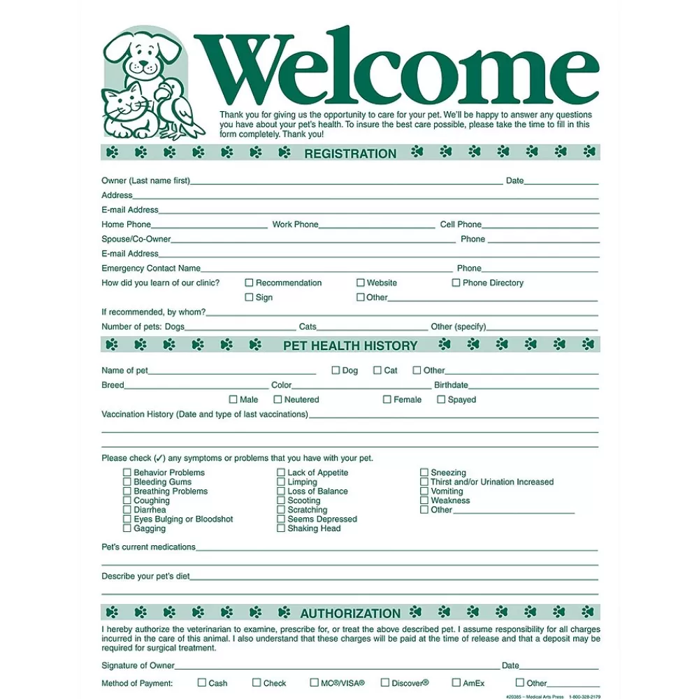 Medical Arts Press ® Welcome Registration Form, Pets at Left Best Sale