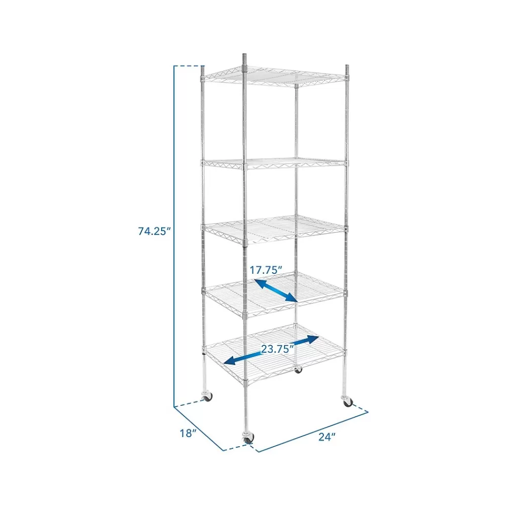 Mount-It! 5-Tier Metal Shelving Unit with Wheels, 24", Silver (MI-7862) New