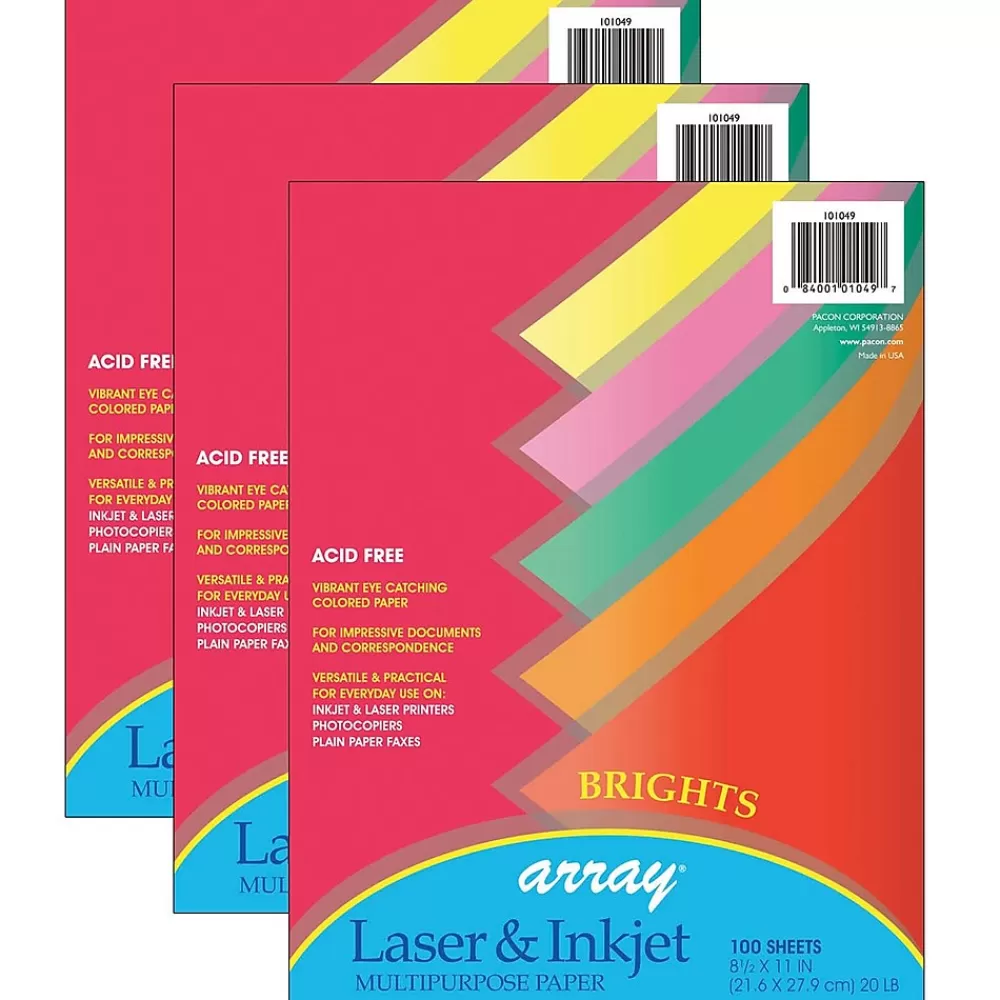 Pacon 8.5" x 11" Multipurpose Colored Paper, 20 lb., Assorted Brights, 100 Sheets Per Pack/3 Packs (PAC101049-3) New