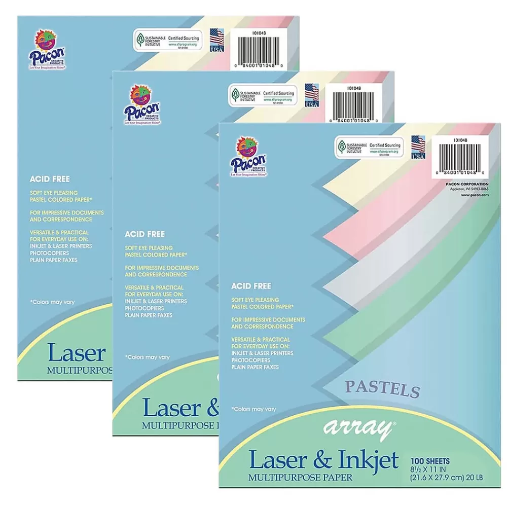 Pacon Array Computer Paper, 8.5" x 11", Assorted Pastel, 100 Sheets/Pack, 3/Pack (PAC101048-3) Hot
