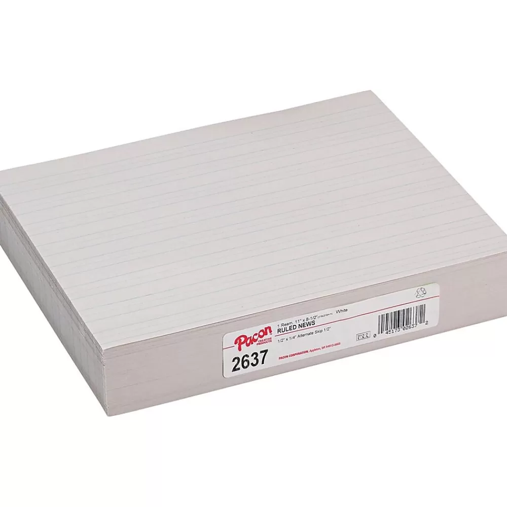 Pacon Newsprint Practice Paper W/Skip Space, 8-1/2" x 11", 1/2" Long Way Ruled, White, 500 Sheets/Pk Discount
