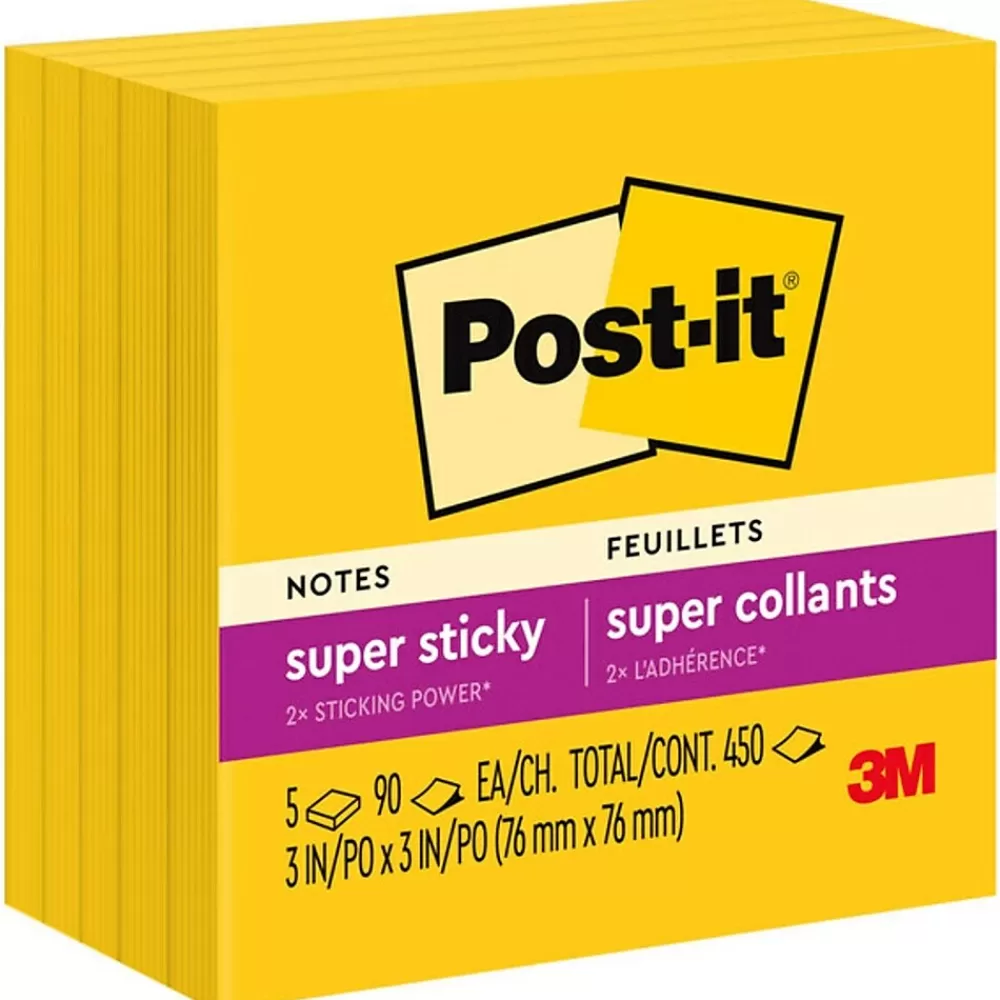 Post-it Super Sticky Notes, 3" x 3", , 90 Sheet/Pad, 5 Pads/Pack (6545SSY) Yellow Cheap