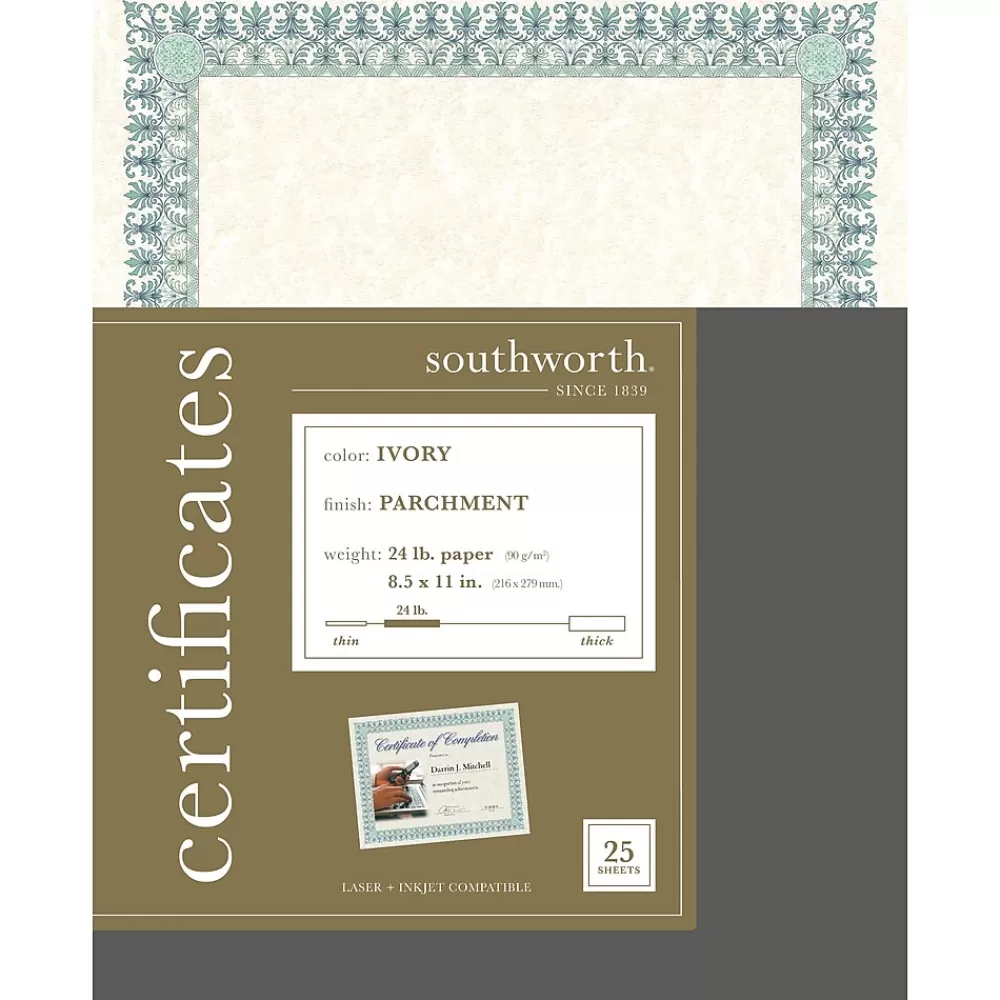 Southworth Parchment Certificates, 8.5" x 11", Ivory, 25/Pack (CT3R) Clearance