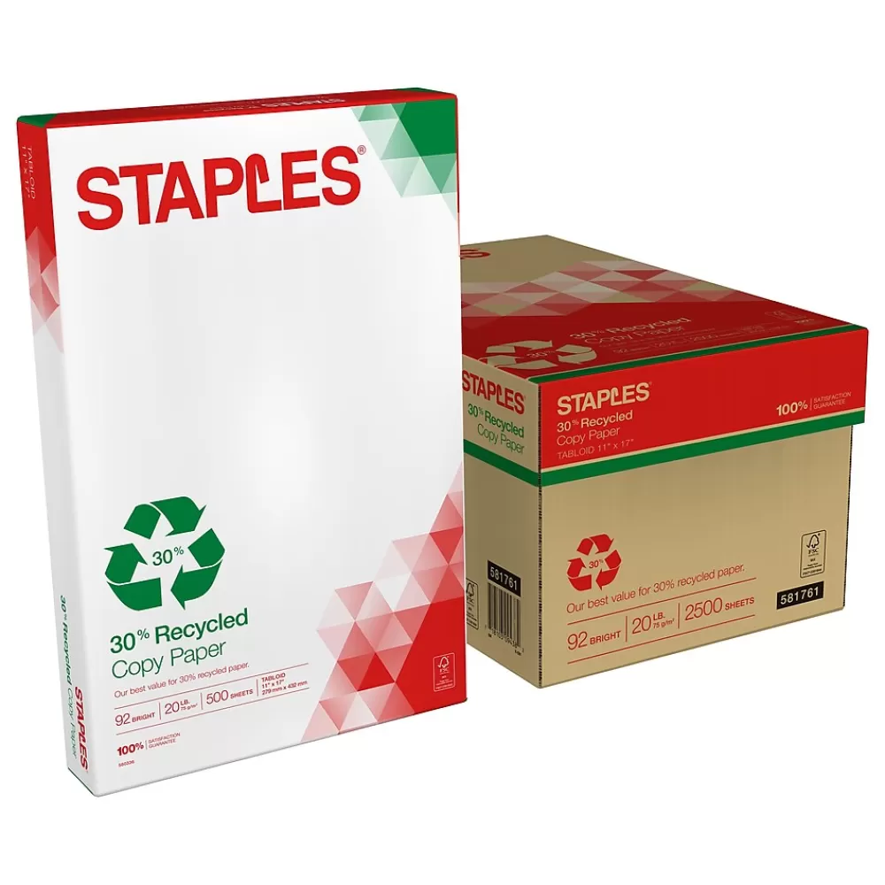 Staples 30% Recycled 11" x 17" Copy Paper, 20 lbs., 92 Brightness, 500 Sheets/Ream, 5 Reams/Carton (112390) Hot