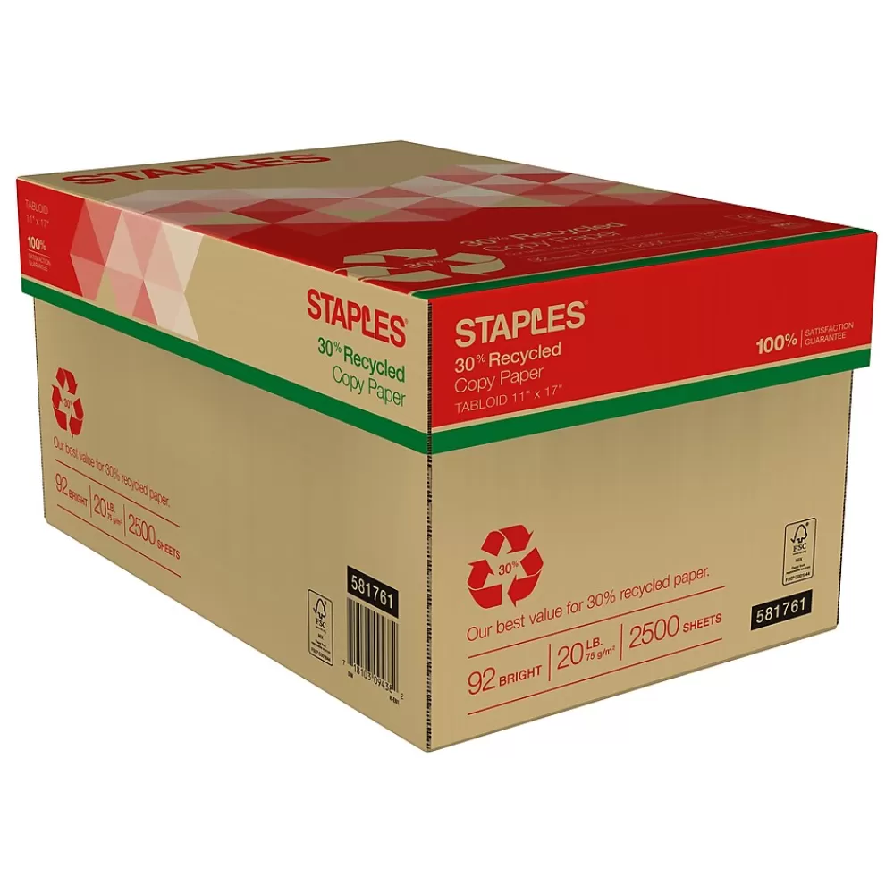 Staples 30% Recycled 11" x 17" Copy Paper, 20 lbs., 92 Brightness, 500 Sheets/Ream, 5 Reams/Carton (112390) Hot