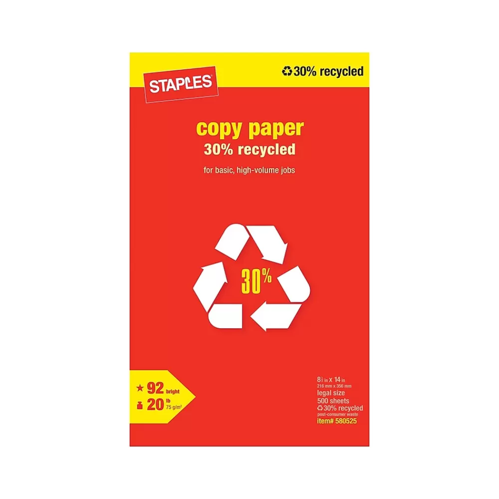 Staples 30% Recycled 8.5" x 14" Copy Paper, 20 lbs., 92 Brightness, 500/Ream (112380) Cheap