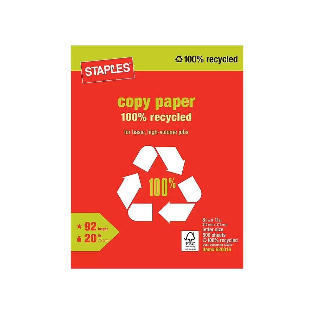 Staples 100% Recycled 8.5" x 11" Copy Paper, 20 lbs., 92 Brightness, 500/Ream (620016) Sale