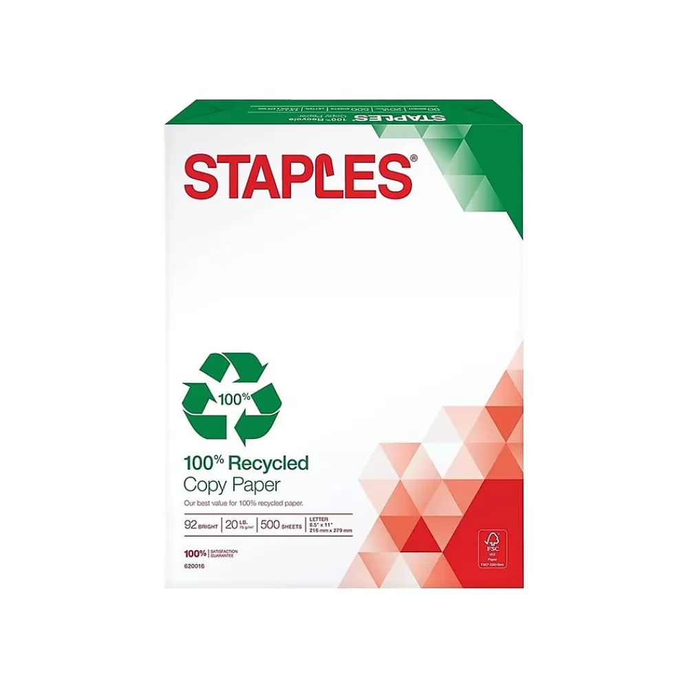 Staples 100% Recycled 8.5" x 11" Copy Paper, 20 lbs., 92 Brightness, 500/Ream (620016) Sale