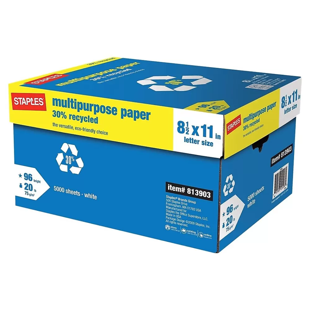 Staples 30% Recycled 8.5" x 11" Multipurpose Paper, 20 lbs., 96 Brightness, 500/Ream, 10 Reams/Carton (86035) Outlet