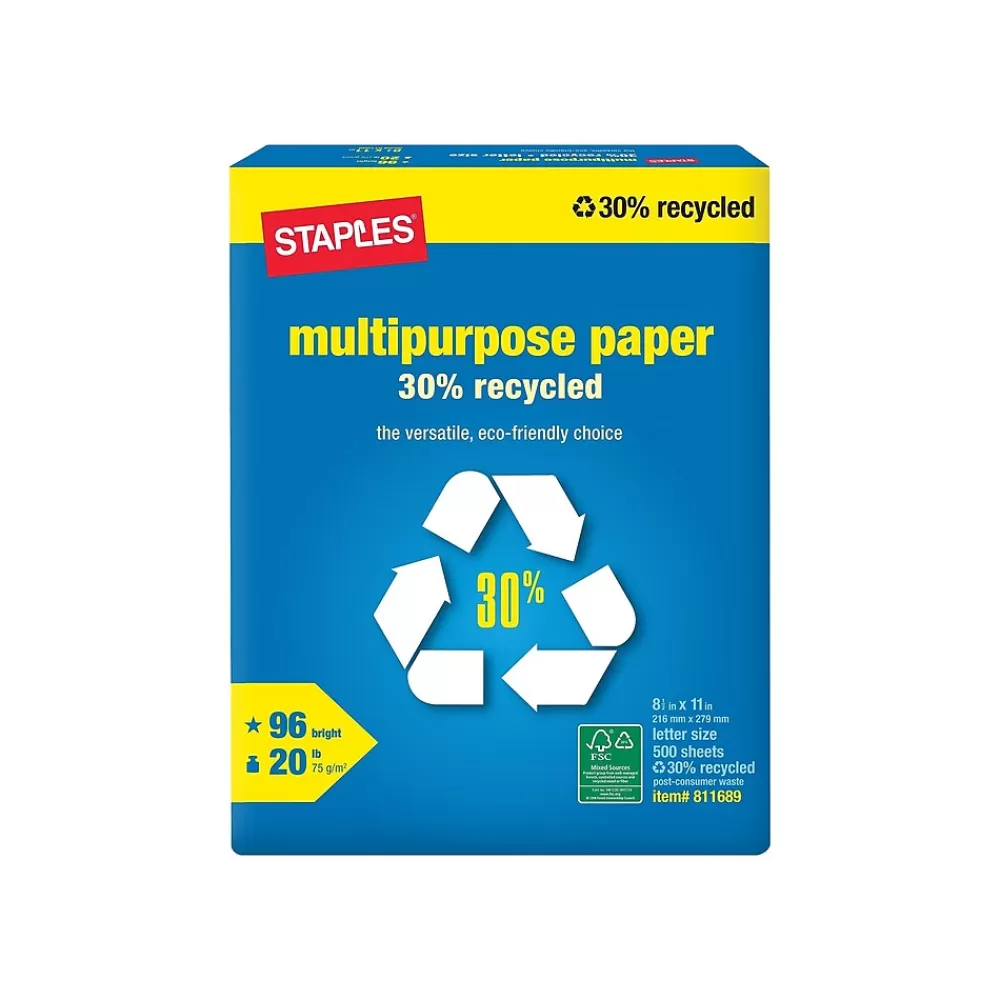 Staples 30% Recycled 8.5" x 11" Multipurpose Paper, 20 lbs., 96 Brightness, 500/Ream, 10 Reams/Carton (86035) Outlet