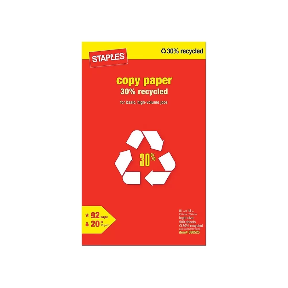 Staples 30% Recycled Copy Paper, 8.5" x 14", 20 lbs., White, 500 Sheets/Ream, 10 Reams/Carton (112380) Online