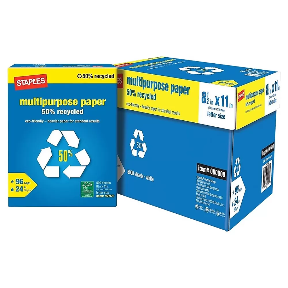 Staples 50% Recycled Multipurpose Paper, 8.5" x 11", 24 lbs., White, 500 Sheets/Ream, 10 Reams/Carton (86059) Hot