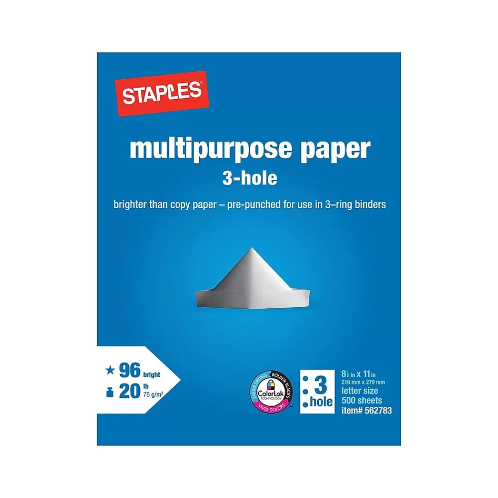 Staples 8.5" x 11" 3-Hole Punch Multipurpose Paper, 20 lbs., 96 Brightness, 500/Ream (05031) Discount