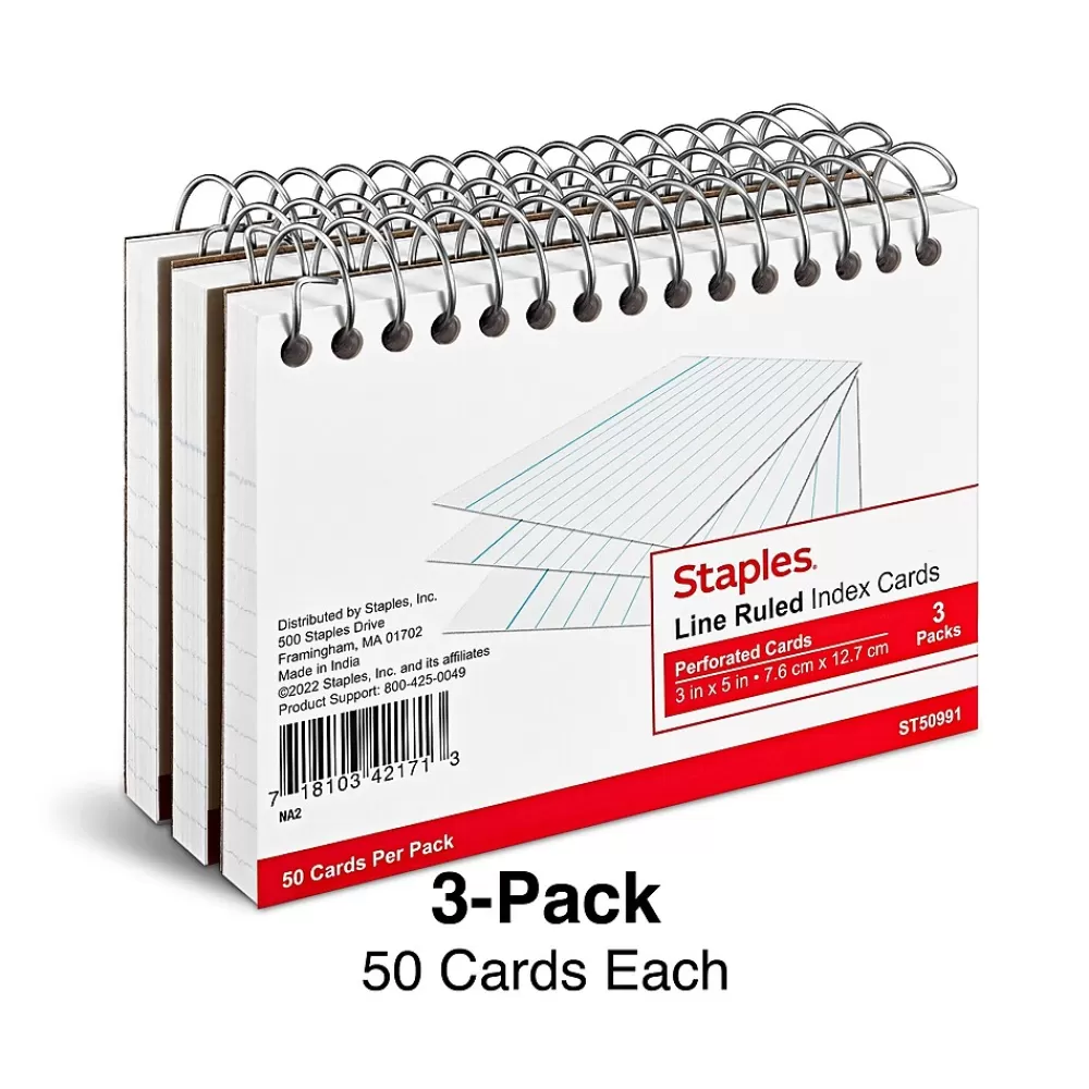 Staples 3" x 5" Index Cards, Lined, White, 50 Cards/Pack, 3 Pack/Carton (TR50991) Store