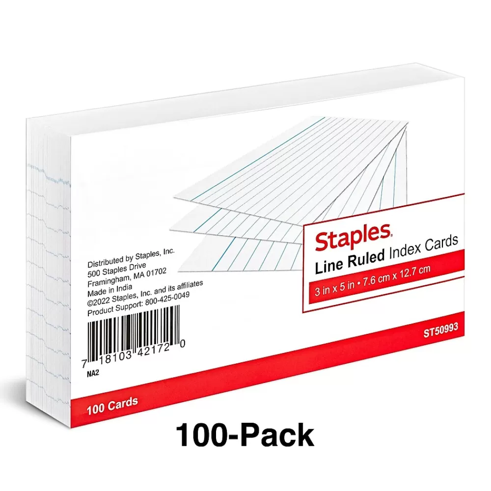 Staples 3" x 5" Index Cards, Narrow Ruled, White, 100/Pack (TR50993) Sale