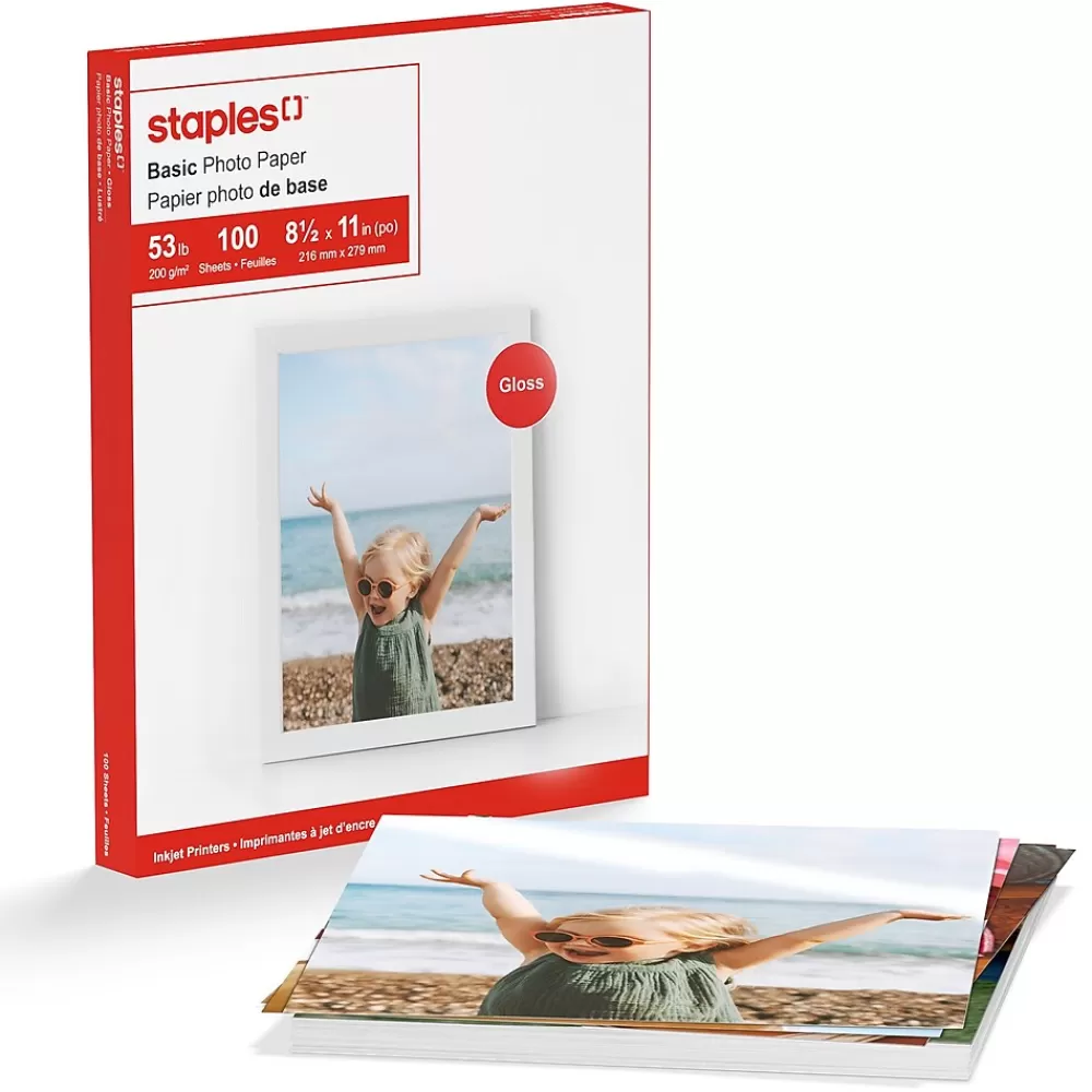 Staples Basic Glossy Photo Paper, 8.5"W x 11"L, 100/Pack (19900/13607) New