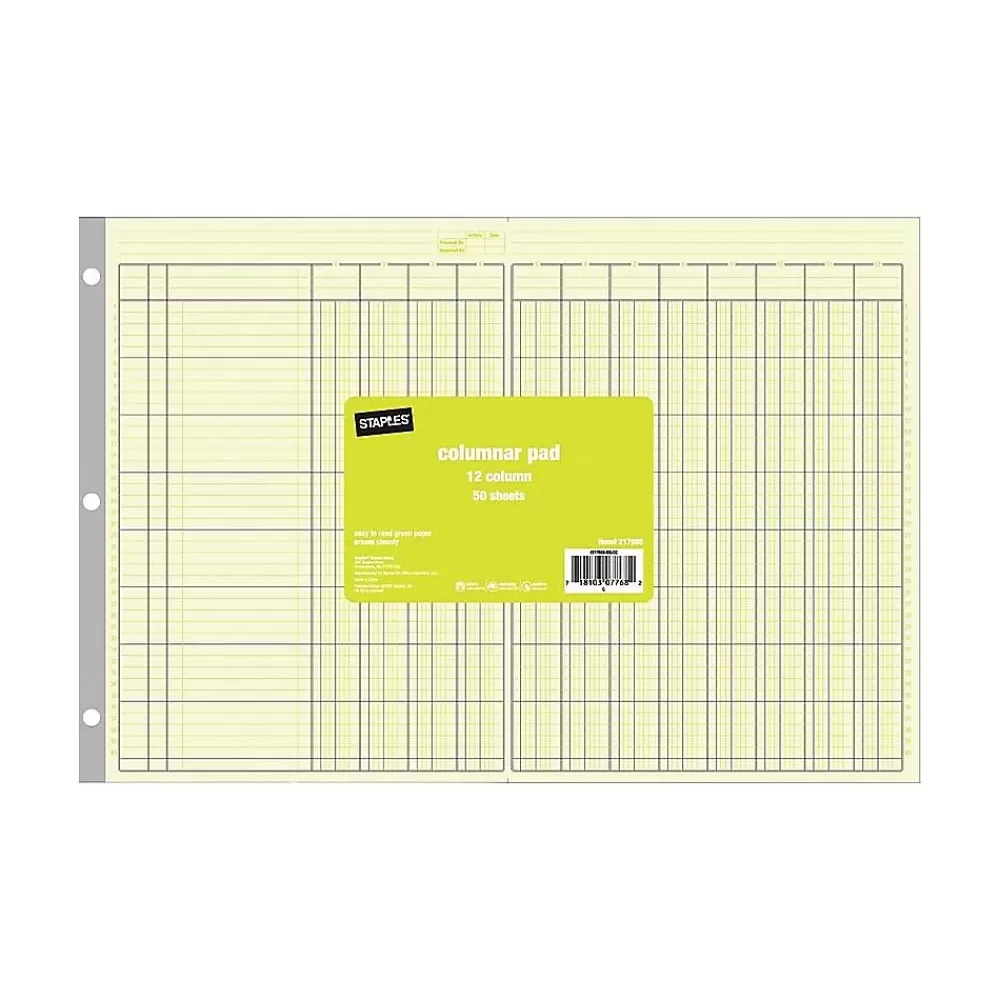 Staples ® Columnar Book, 12 Columns, 16.31" x 11", Green, 50 Sheets/Book (217885) Flash Sale