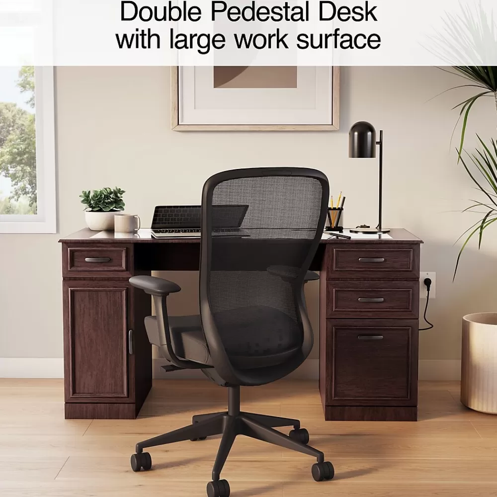 Staples Kendall Park 58.5"W Double Pedestal Desk, Cherry (52105) Clearance