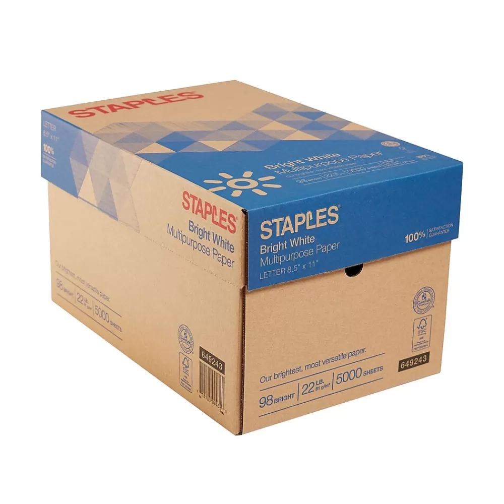 Staples Multipurpose Paper, 8.5" x 11", 22 lbs., Bright White, 500 Sheets/Ream, 10 Reams/Carton (22098) Hot