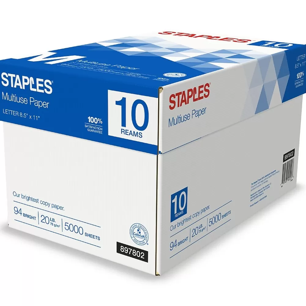 Staples Multiuse Copy Paper, 8.5" x 11", 20 lbs., 94 Brightness, 500 Sheets/Ream, 10 Reams/Carton (20472) Best Sale